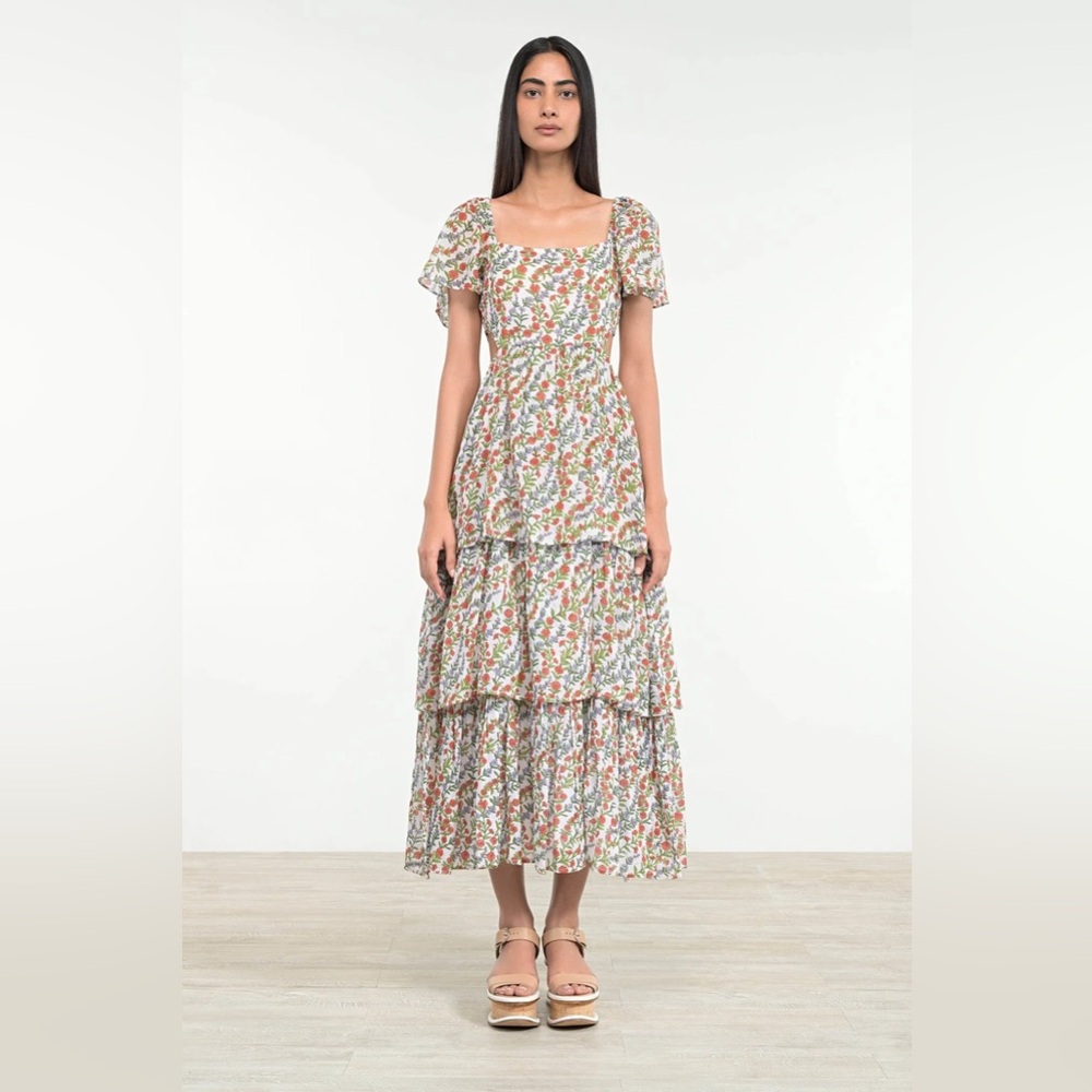 BANJANAN Bonnie Tiered Midi Maxi Dress in Boundless Floral Cotton Cutout Large